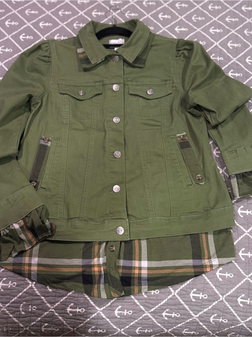 crown & ivy Olive Green Jean Jacket with Plaid Hem